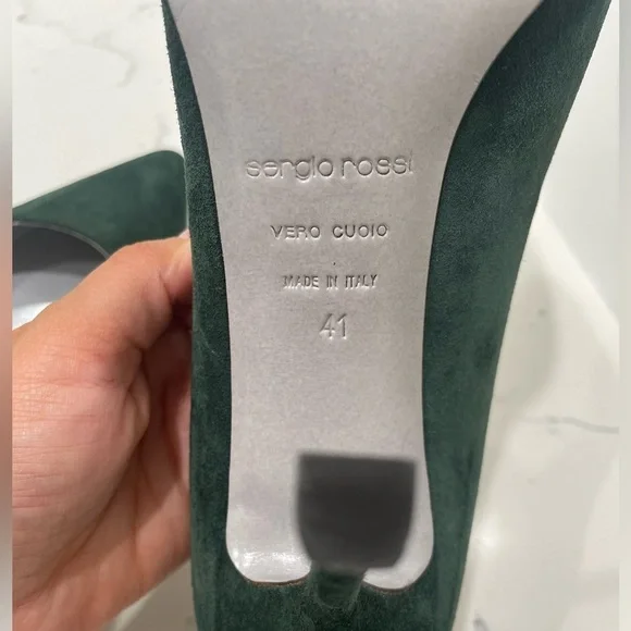 Sergio Rossi Dark Green Suede Pointed Toe Pumps Heels - Picture 13 of 16